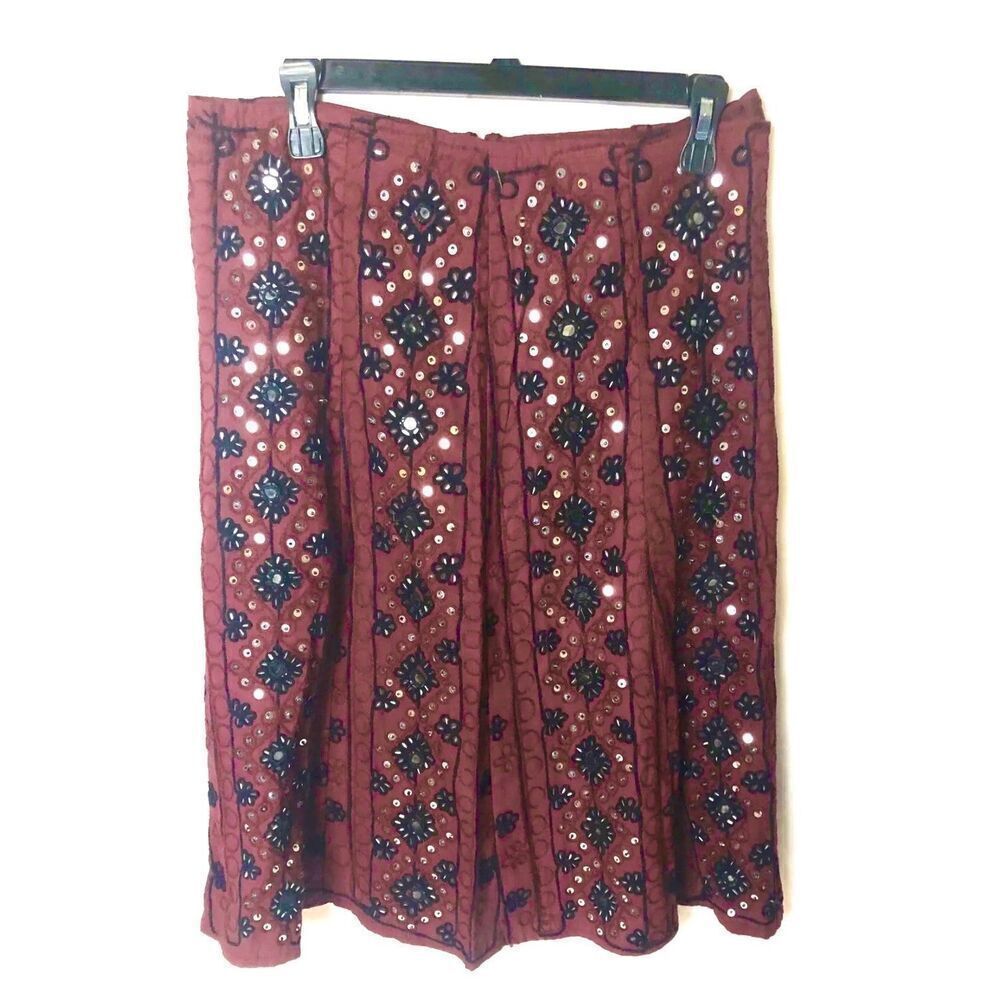 Jedzebel Maroon Red 100% Cotton Black Sequin Midi Skirt Women Size M
